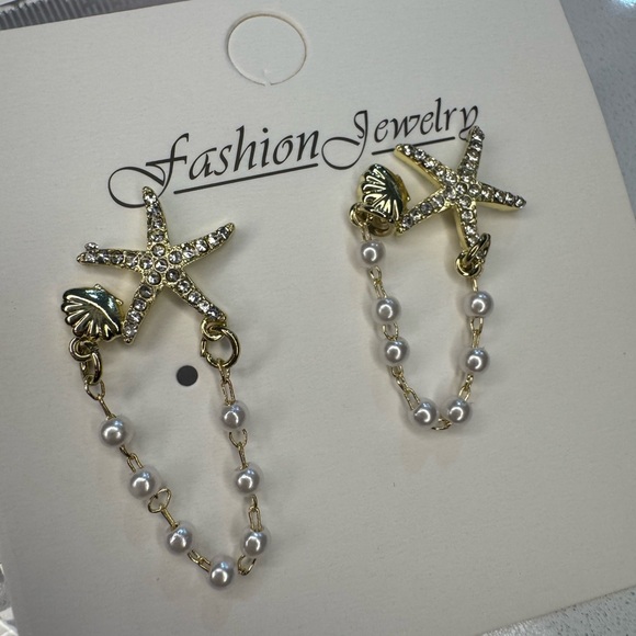 Gold Starfish and Pearl Drop Earrings - Picture 6 of 8